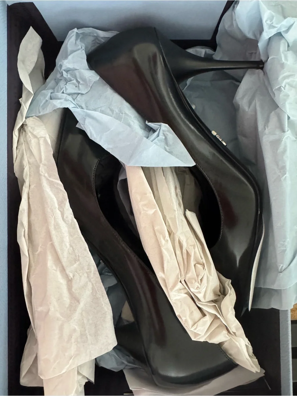Prada Black Patent Pointed-Toe Pumps with Triangle Logo